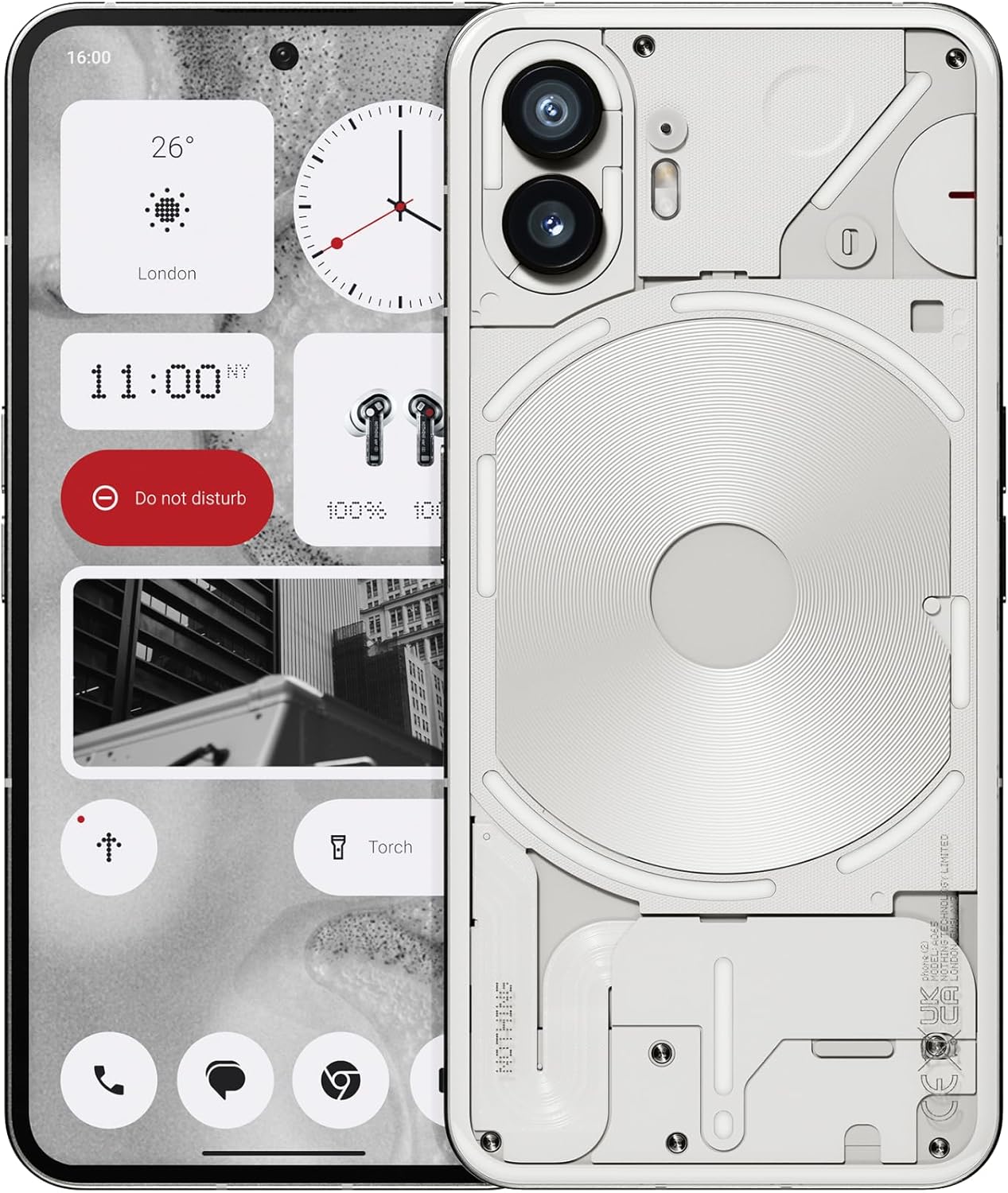 Image of the Nothing Phone 2 design-focused Android smartphone used in its specifications sheet.